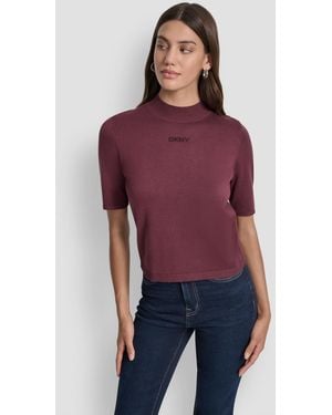 DKNY Petite Mock-neck Embellished-logo Sweater - Red