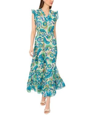 Msk Flutter Sleeve Smocked Waist V-neck Maxi Dress - Blue
