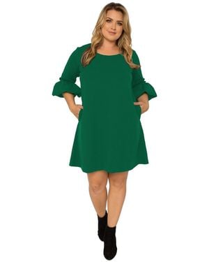 Standards & Practices Plus Size Crepe Knit 3/4 Balloon Sleeves Midi Shift Dress - Green