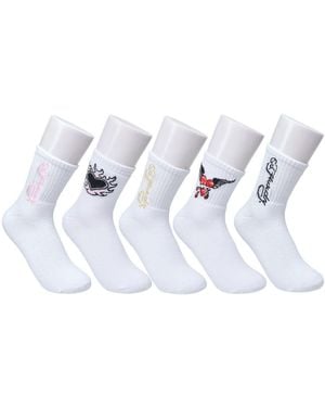 Ed Hardy Heart Flame Print Full Cushion Mid Crew Sock 5-pack - White