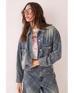 Nasty Gal Check Denim Distressed Jacket - Gray