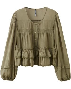 Mango Long-sleeve Ruffled Lace-details Blouse - Green