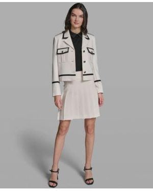 KARL LAGERFELD Notch Lapel Cropped Jacket Collared Sweater Woven Knee Length Pleated Skirt - Gray