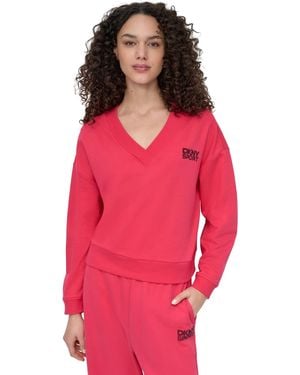 DKNY Sport Rhinestone-logo V-neck Pullover Top - Red