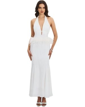 Miss Circle Solene Pleated Halter Backless Feather-trim Maxi Dress - White