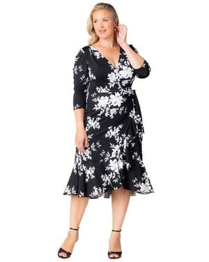 Kiyonna Plus Size Flirty Flounce Midi Wrap Dress - Black