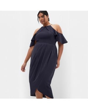 City Chic Plus Size Love Siren Ruffle Shoulder Dress - Blue