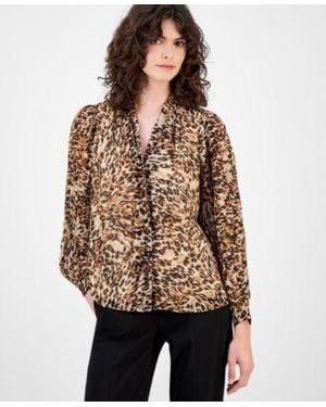 Anne Klein Printed Pleated Sleeve Button Front Top P Xxs Xxl - Brown