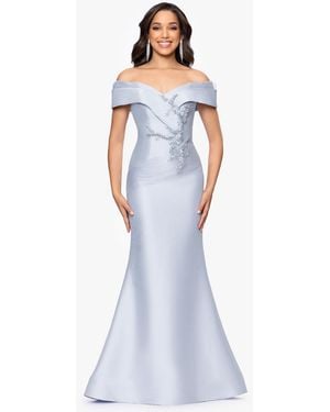 Betsy & Adam Betsy Adam Off The Shoulder Gown - Blue