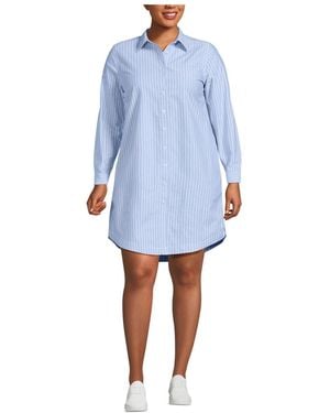 Lands' End Plus Size Oxford Long Sleeve Button Front Shirt Dress - Blue