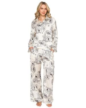 Badgley Mischka Floral Silky Satin Long Sleeve And Wide Leg Pajama Set - White