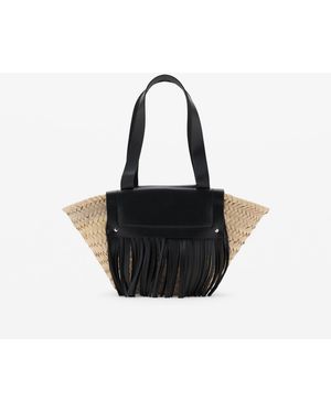 Mango Leather Fringes Natural Fiber Handbag - Black