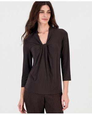 Kasper Petite Knot-front 3/4-sleeve Blouse - Black