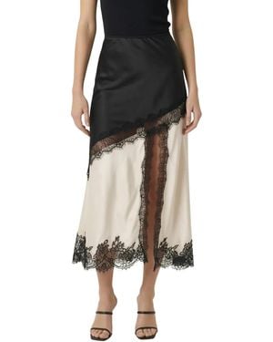 Modenaire Lace-trim Asymmetric Satin Midi Skirt - Black