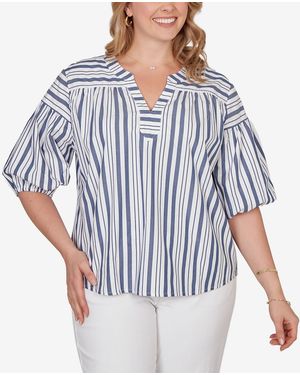 Ruby Rd. Plus Size Striped Cotton Poplin Elastic Cuff Top - Blue