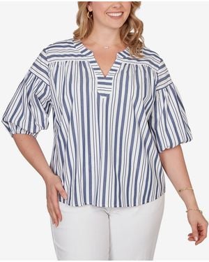 Ruby Rd. Plus Size Striped Cotton Poplin Elastic Cuff Top - Blue