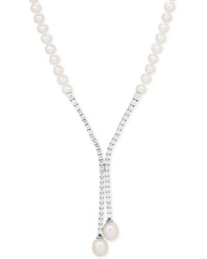Arabella Cultured Freshwater Pearl (5mm & 10 X 8mm) And Swarovski Zirconia Lariat Necklace In Sterling Silver - Metallic