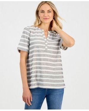Style & Co. Style Co Striped Split Neck Short Sleeve Top Macys Exclusive - Gray