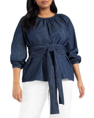 Eloquii Plus Size Dramatic Faux Wrap Top - Blue