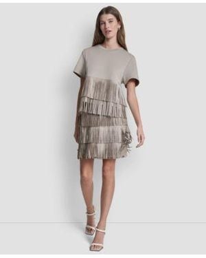 DKNY Studded Fringe Short Sleeve T Shirt Studded Fringe Mini Skirt - Natural