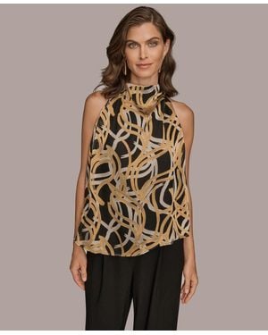 Donna Karan Pleated Shoulder Novelty Burnout Halter Top - Brown