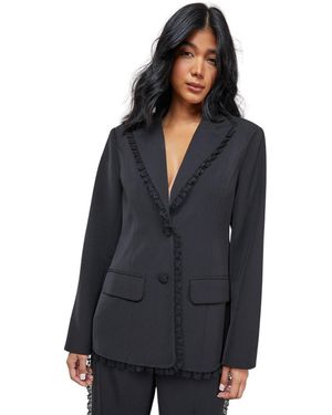Warehouse Oversized Lace Frill Trim Blazer - Black