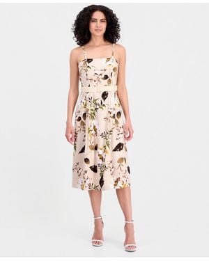 Tahari Printed Belted Sleeveless Linen Blend Dress - White