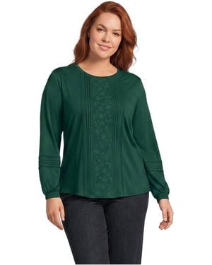 Lands' End Plus Size Crewneck Long-sleeve Pintuck Blouse - Green