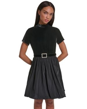 KARL LAGERFELD Fit & Flare Mock Neck Short-sleeve Dress - Black