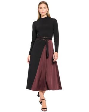 Luxely Belted Mock Neck Colorblock Midi Dress - Red