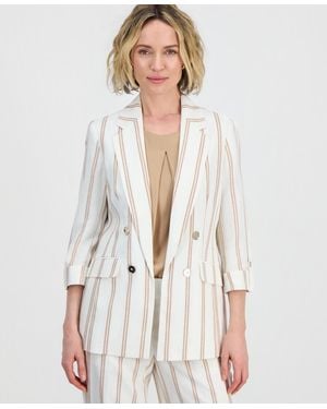 Kasper Striped Linen Blend 3/4-sleeve Double-breasted Blazer - White