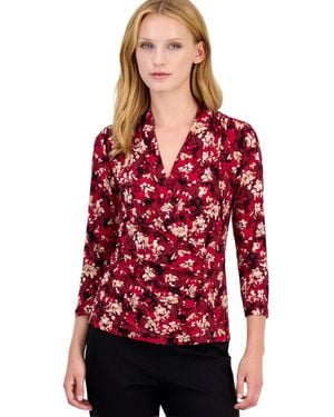 Anne Klein Petite Faux-wrap Floral-print 3/4-sleeve Blouse - Red