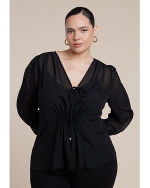 Eloquii Smocked Sheer Blouse - Black