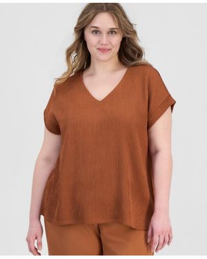 Anne Klein Plus Size Ribbed Knit Cap Sleeve Top - Brown