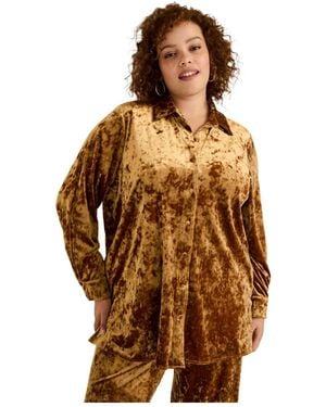 June + Vie June + Vie Plus Size June + Vie Crushed Velvet Button-down Top - Brown