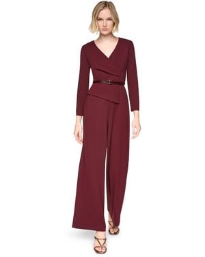 DKNY Long Sleeve V-neck Belted Wide-leg Jumpsuit - Red