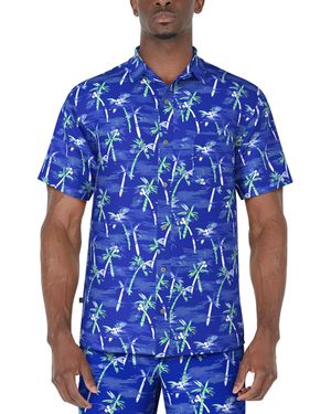 PGA TOUR Short Sleeve Watercolor Palm Print Button-front Shirt - Blue