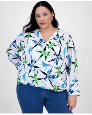 INC International Concepts Plus Size Printed Surplice Long-sleeve Blouse - Blue