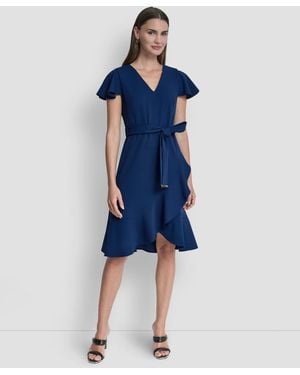DKNY Flutter Short-sleeve V-neck Faux-wrap Dress - Blue
