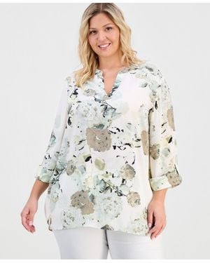 Anne Klein Essentials Plus Size Printed V-neck Blouse - White