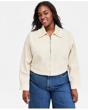 On 34th Plus Crochet Collar Cropped Denim Jacket - White