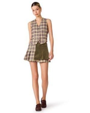 Steve Madden Barret Vest V Neck Button Up Vest Tory Plaid Pleated Corduroy Skirt - White