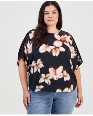 Democracy Plus Size Inset Lace Dolman Floral Blouse - Blue
