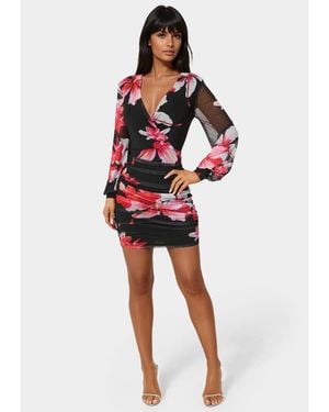 Bebe Long Sleeve Faux Wrap Ruched Mini Dress - Red