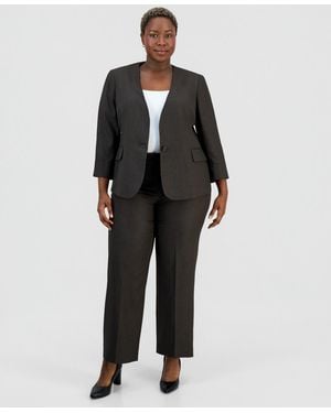 Le Suit Plus Size Collarless One-button Jacket & Fly-front Wide-leg Pants Suit - Black