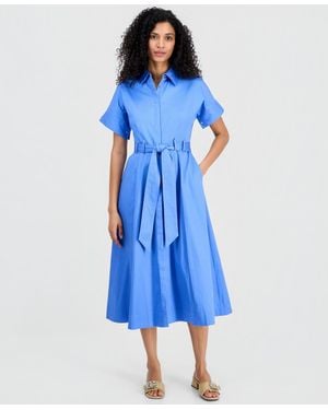 Anne Klein Short Sleeve Belted Loop Detail Shirtdress - Blue