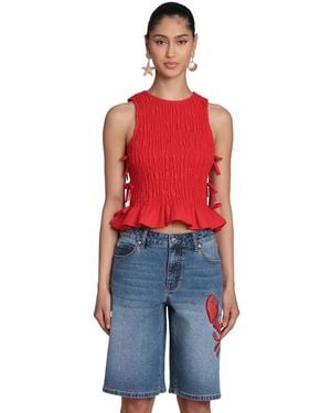 Avec Les Filles Ruched Side-tie Crewneck Top - Red
