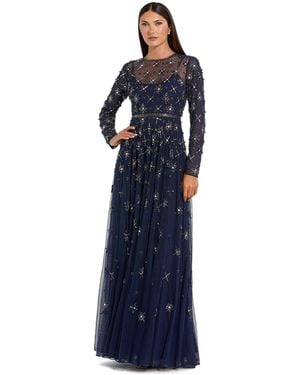 Mac Duggal Long Sleeve Crystal Embellished Evening Gown - Blue