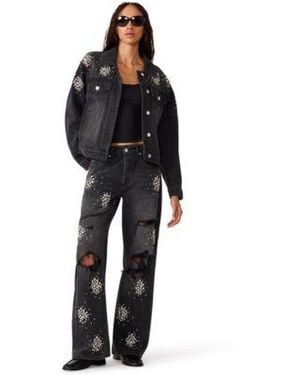 Steve Madden Denim Embellished Jacket High Rise Wide Leg Distressed Jeans - Black