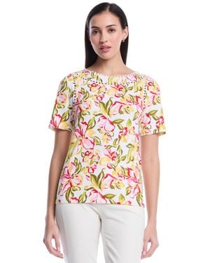 Rafaella Petite Petal Print Short-sleeve Top - White